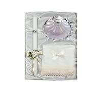 Estuche Paño de Lino, Vela y Concha Bautismo (Grabado incluido) (Concha cristal nacarado con baño de plata)