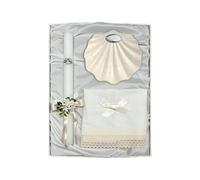 Estuche Paño de Lino, Vela y Concha Bautismo (Grabado incluido) (Concha metálica esmaltada)