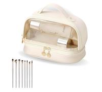 Estuche para Brochas de Maquillaje Transparente Premium de Doble Nivel - Neceser Organizador Porta Cosméticos con 8 Brochas Incluidas, PVC Impermeable y Cremalleras Metálicas (23×13,5×16 cm)