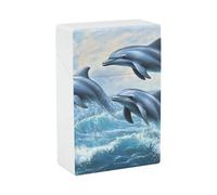 Estuche para cigarrillos con diseño de delfines saltando sobre las olas del océano, con tapa abatible para una sola mano, moderno, con capacidad para 20 cigarrillos.