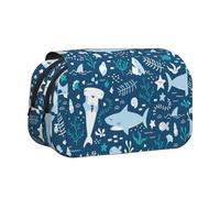 Estuche para lápices Azul con diseño de tiburón Sonriente, Animales Marinos, Peces y Estrellas de mar, Organizador de papelería portátil de Doble Capa