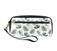 Estuche para Lápices Cartuchera con Diseño de Hojas de Palma Tropicales, Color Verde Oscuro, Bolsa de Piel Sintética con Cremallera para Niños y Niñas, Utiles Escolares y de Oficina