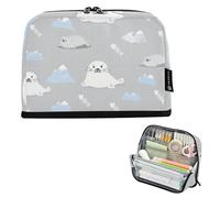 Estuche para lápices con cierre de cremallera, diseño de sellos blancos, color gris, para guardar lápices, para adolescentes, niñas, niños, escuela, oficina, etc