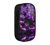 Estuche para lápices con cremallera, bolsa organizadora de gran capacidad para oficina, viaje, caja, flores moradas florecientes impresas