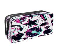 Estuche para lápices con cremallera para niños y niñas, suministros escolares y de oficina, rosa grunge y notas musicales de violín, Equipo de sonido Glitch Audio, 2.3x8.2x3.9in/6x21x10cm, Estuche