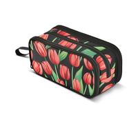 Estuche para lápices con cremallera, tulipán rojo, flores, verde y negro, bolsa de almacenamiento para lápices, bonita bolsa para bolígrafos, niñas, estudiantes, niños, artículos de papelería
