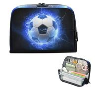 Estuche para lápices con cremallera y diseño de balón de fútbol, color azul y negro, bolsa de almacenamiento grande para lápices para adolescentes, niñas, niños, oficina, preparatoria, escuela