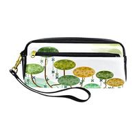 Estuche para lápices con diseño de árbol abstracto con hojas redondas verdes, bolsa de piel sintética con cremallera para niños y niñas, suministros escolares y de oficina