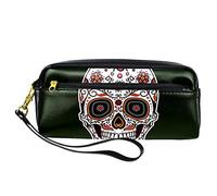 Estuche para lápices con diseño de calavera de azúcar ornamentada de piel sintética con cremallera para niños y niñas, suministros escolares y de oficina