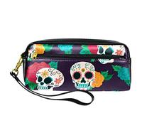 Estuche para lápices con diseño de calavera de azúcar y flores, bolsa de piel sintética con cremallera para niños y niñas, suministros escolares y de oficina