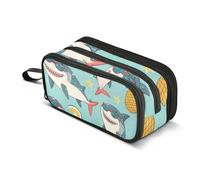 Estuche para lápices con diseño de caricatura, tiburón, piña, radio, azul claro, gran capacidad, para niños y niñas, con 3 compartimentos, para estudiantes, papelería, organizador para escuela,