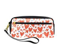 Estuche para lápices con diseño de corazones de acuarela, bolsa de piel sintética con cremallera para niños y niñas, suministros escolares y de oficina