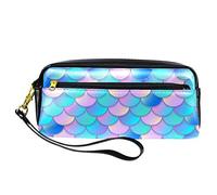 Estuche para lápices con diseño de escamas de sirena de acuarela azul y rosa, bolsa de piel sintética con cremallera para niños y niñas, suministros escolares y de oficina
