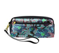 Estuche para lápices con diseño de flores de acuarela azul oscuro con diseño de ramas abstractas, bolsa de piel sintética con cremallera para niños y niñas, suministros escolares y de oficina