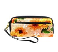 Estuche para lápices con diseño de girasoles de flores amarillas, bolsa de piel sintética con cremallera para niños y niñas, suministros escolares y de oficina