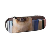 Estuche para lápices con diseño de perro Pomerania con un libro, estuche de piel para lápices de gran capacidad, bolsa de cosméticos