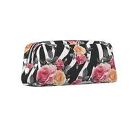 Estuche para lápices con diseño de rosas y flores, estampado de rayas de cebra y flores, para escuela, de piel, con cremallera, para alumnos, Silver, Talla única, Neceser de maquillaje