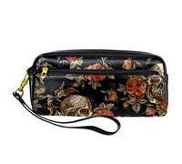 Estuche para lápices con estampado de calavera de azúcar bordada, bolsa de piel sintética con cremallera para niños y niñas, suministros escolares y de oficina