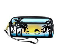 Estuche para lápices con estampado de delfín y flamenco al atardecer de piel sintética con cremallera para niños y niñas, suministros escolares y de oficina