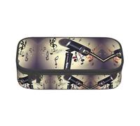 Estuche para lápices con estampado de gatos de arte moderno de mediados de siglo, tamaño mediano, bolsa con doble cremallera para el trabajo, lindo, Micrófono con nota musical, Talla única