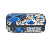 Estuche para lápices con estampado de vista al mar de la isla griega, estuche de gran capacidad, bolsa de maquillaje multiusos con cremallera, Black, Talla única, Neceser