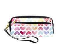 Estuche para lápices con patrón de corazones de acuarela, bolsa de piel sintética con cremallera para niños y niñas, suministros escolares y de oficina