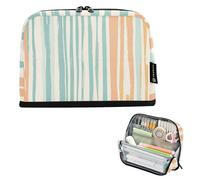 Estuche para lápices con patrón de rayas azules y albaricoque y azul pálido, gran capacidad, estuche para cosméticos, bonito estuche de papelería para profesores, suministros escolares, cartuchera