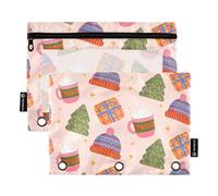 Estuche para lápices de 3 agujeros con ventana transparente, color melocotón, feliz Navidad, fiesta, con ojales reforzados con cremallera, bolsillo para carpeta de 3 anillos para guardar suministros