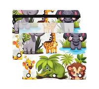 Estuche para lápices de 3 anillas con diseño de elefante león africano del zoológico africano, paquete de 2 estuches de plástico reciclado transparente impermeable con cremallera y accesorios de papelería