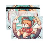 Estuche para lápices de 3 anillas con diseño de oso y nubes de dibujos animados para escuchar canciones, paquete de 2 estuches de plástico reciclado transparente impermeable con cremallera y accesorios de papelería