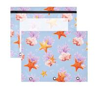 Estuche para lápices de 3 anillas, estuche transparente con ventana superior, gran capacidad para oficina, escuela, paquete de 2 unidades, diseño de estrella de mar, color azul coral