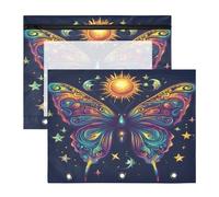 Estuche para lápices de 3 anillas, estuche transparente con ventana superior, gran capacidad, para oficina, escuela, paquete de 2 unidades, mariposa, sol, luna