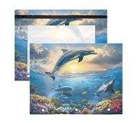 Estuche para lápices de 3 anillas, estuche transparente con ventana superior, gran capacidad para oficina, escuela, 2 unidades, delfines saltando