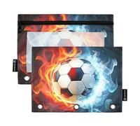 Estuche para lápices de 3 anillos con cremallera para niñas, estuche para lápices, bonito estuche escolar transparente, bolsillos para fútbol, rojo, azul, llamas, negro, 9.8 x 7.1 pulgadas, 2 paquetes