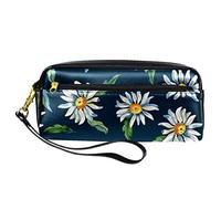 Estuche para lápices de acuarela con margaritas blancas, hojas verdes, azul marino, bolsa de piel sintética con cremallera para niños y niñas, suministros escolares y de oficina