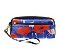 Estuche para lápices de amapola floral abstracto dibujado a mano, bolsa de piel sintética con cremallera para niños y niñas, suministros escolares y de oficina