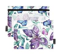 Estuche para lápices de aula para 3 anillas, con cremallera, bonitas carpetas escolares, bolsillos transparentes, mariposas florales moradas, verdes, blancas, 9.8 x 7.1 pulgadas, 2 paquetes