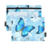 Estuche para lápices de aula para carpeta de 3 anillas, estuche con cremallera, carpeta escolar, bolsillos transparentes, alas de mariposas azules, 24.9 x 18.0 cm, 2 paquetes