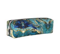 Estuche para lápices de cuero con cremallera, estampado de mármol al óleo en color azul verdoso azurita y oro laminado, estuche tridimensional para bolígrafos de gran capacidad, duradero, práctico