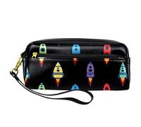 Estuche para lápices de dibujos animados con patrón de nave espacial, bolsa de piel sintética con cremallera para niños y niñas, suministros escolares y de oficina