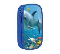 Estuche para lápices de doble capa con estampado de delfín oceánico mirando a ti con bolsa de papelería escolar de gran capacidad