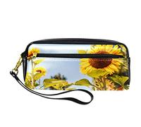 Estuche para lápices de flores amarillas de girasol, bolsa de piel sintética con cremallera para niños y niñas, suministros escolares y de oficina