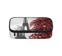 Estuche para lápices de flores de mariposa azul en flor de gran capacidad, bolsa de papelería de oficina, bolsa de cosméticos con compartimentos para niñas, niños y adultos, gris Torre Eiffel de París, paisaje urbano, flor roja, talla única