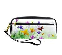 Estuche para lápices de flores silvestres de acuarela, con diseño de flores silvestres y mariposas, de piel sintética, con cremallera, para niños y niñas, suministros escolares y de oficina
