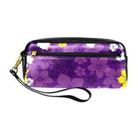 Estuche para lápices de flores tropicales moradas con diseño de flores, bolsa de piel sintética con cremallera para niños y niñas, suministros escolares y de oficina