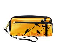 Estuche para lápices de fondo con diseño de pájaros al atardecer de piel sintética con cremallera para niños y niñas, suministros escolares y de oficina