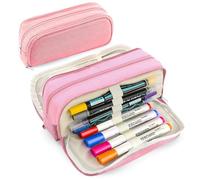 Estuche para lápices de gran capacidad con 3 compartimentos, organizador de artículos de papelería con cremallera, organizador de suministros escolares para adolescentes y adultos (rosa)