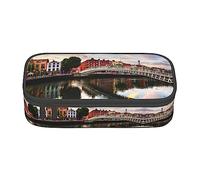 Estuche para lápices de gran capacidad, estuche de tela Oxford duradera para suministros escolares y de oficina, impresión de fondo de madera de color arcoíris, Dublín Irlanda Ha Penny Bridge River,