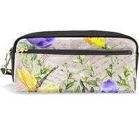 Estuche para lápices de gran capacidad para niñas y niños, bolsa de maquillaje de cuero con diseño de flores moradas y amarillas, con compartimento y cremallera, organizador escolar