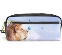 Estuche para lápices de gran capacidad para niñas y niños, bolsa de maquillaje de cuero con mariposas de león africano con compartimento con cremallera, organizador escolar y bolsa de papelería